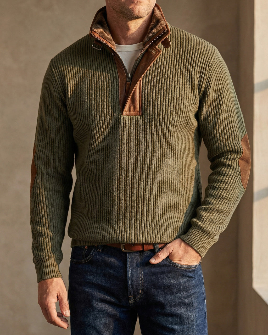 Dario Sweater de Medio Cierre con Detalles de Cuero