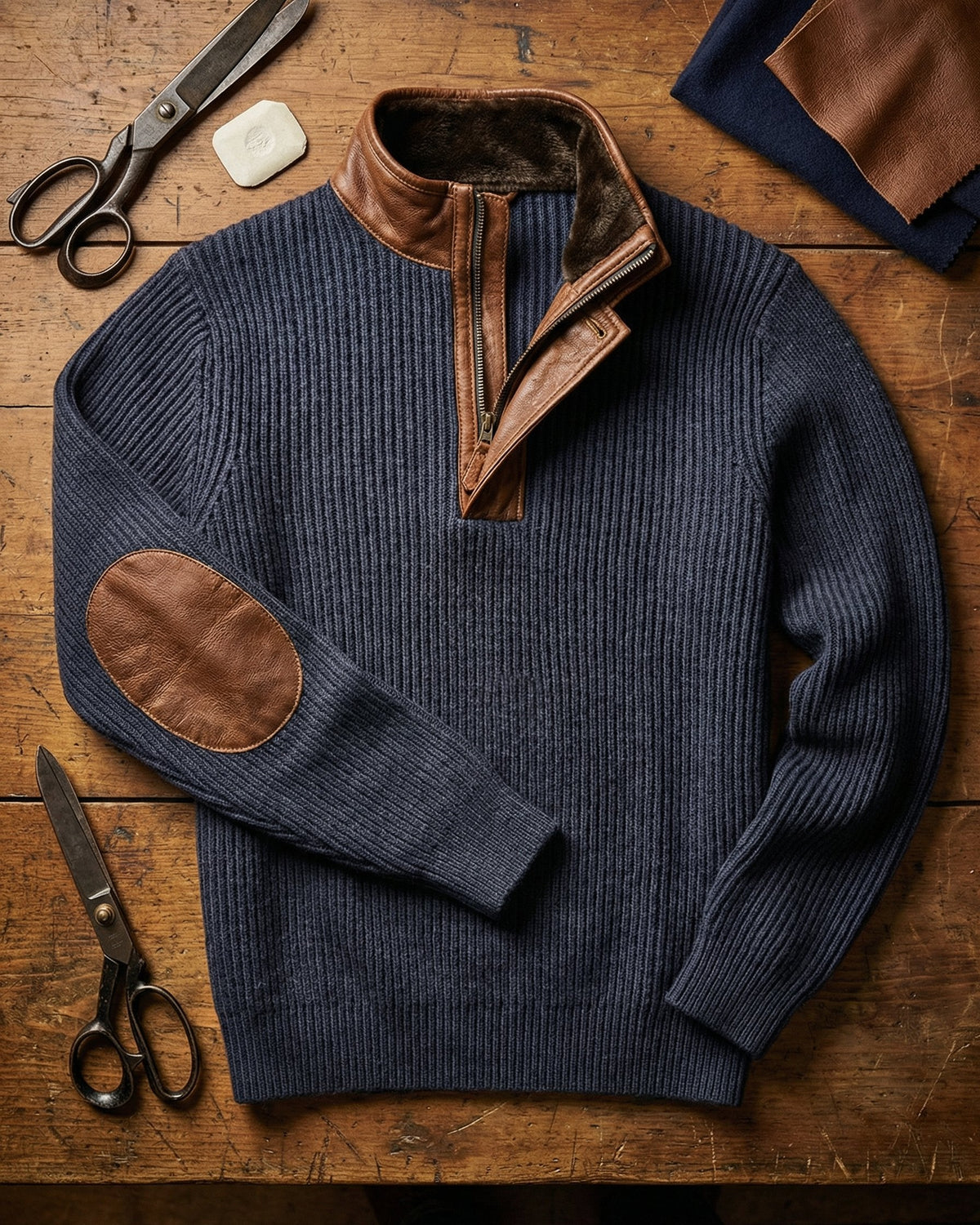 Dario Sweater de Medio Cierre con Detalles de Cuero