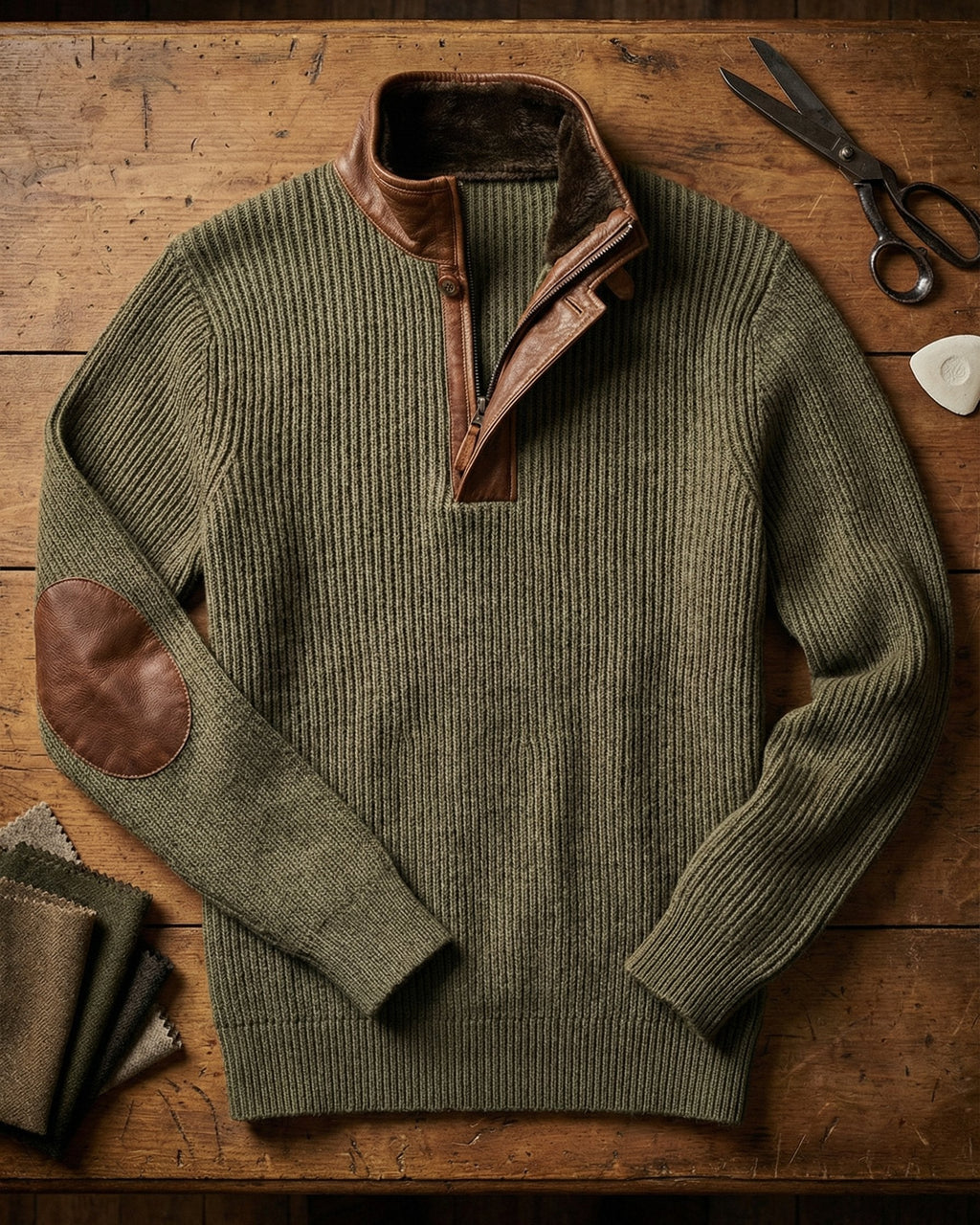 Dario Sweater de Medio Cierre con Detalles de Cuero