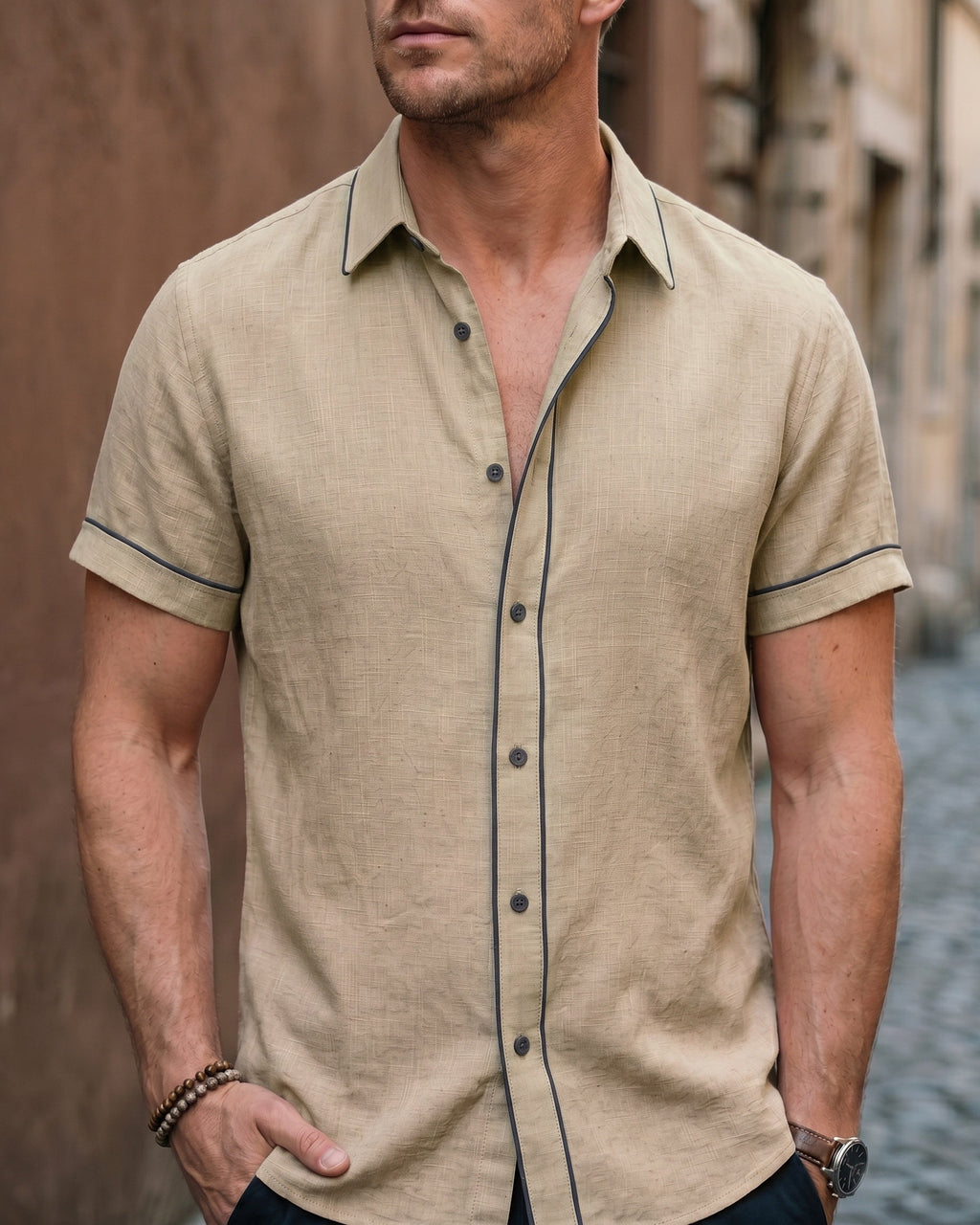 Flavio Camisa de Lino de Manga Corta con Botones