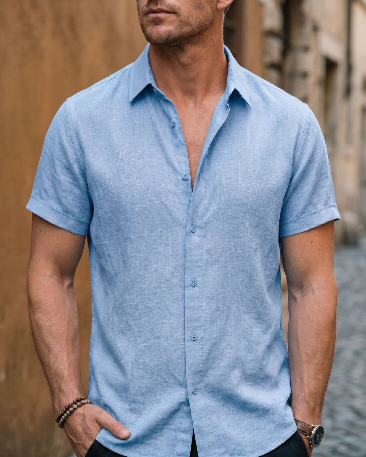 Flavio Camisa de Lino de Manga Corta con Botones