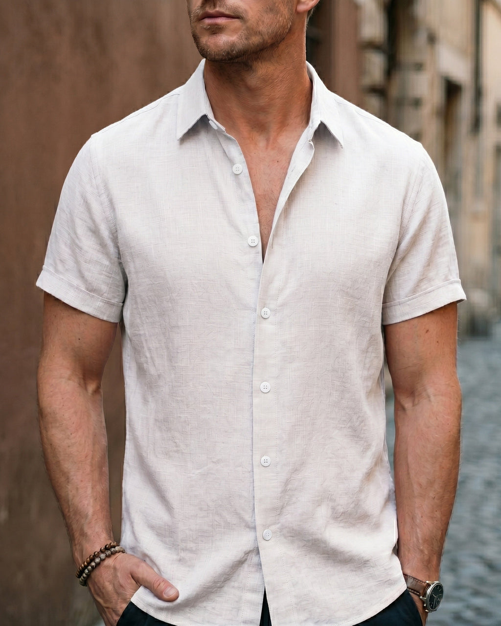 Flavio Camisa de Lino de Manga Corta con Botones