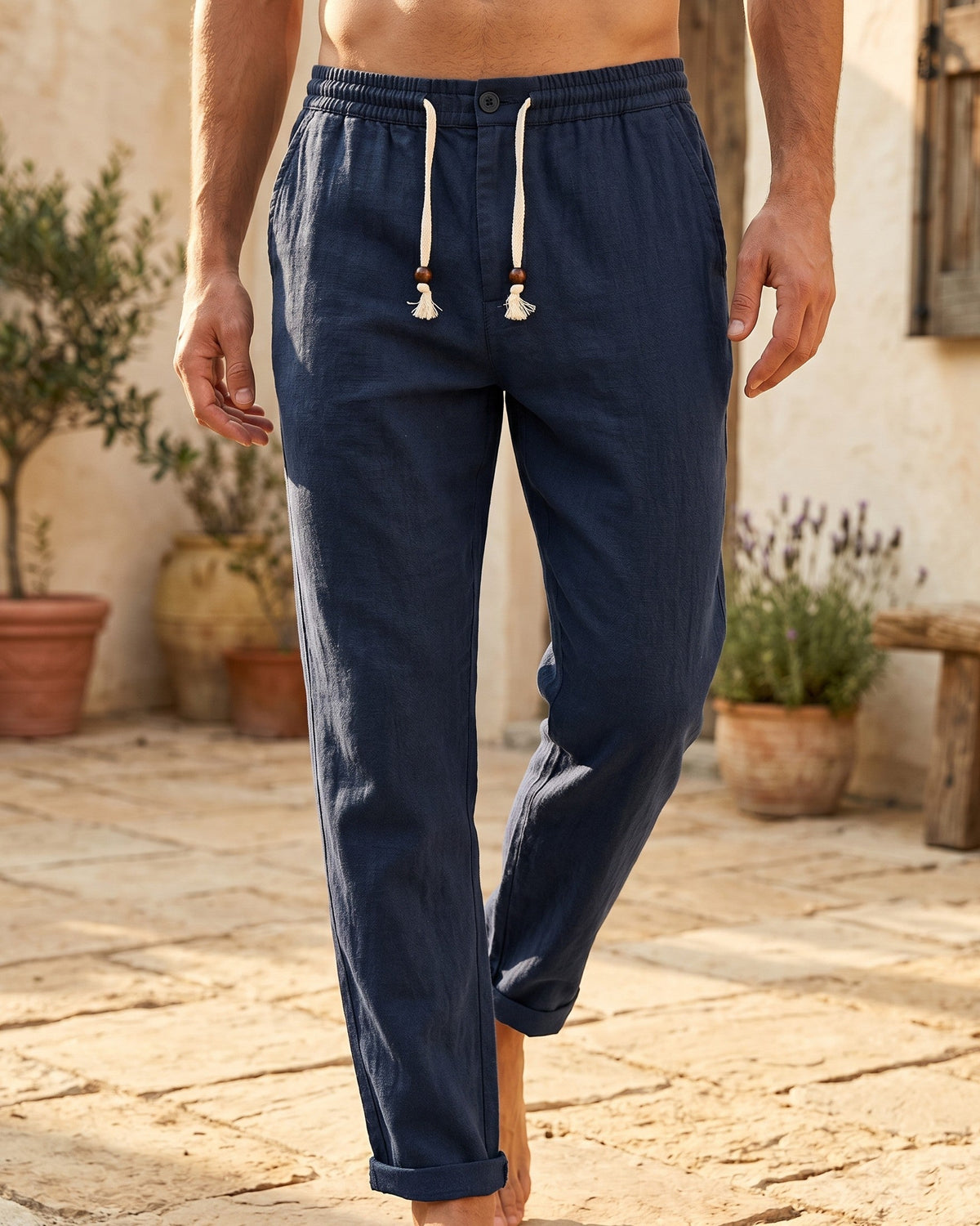 Domenico Pantalones de Lino de Verano con Cordón